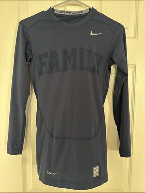 Nike Slate Navy Blue Long Sleeve Dri-FIT Top with 'FAMILY' Print